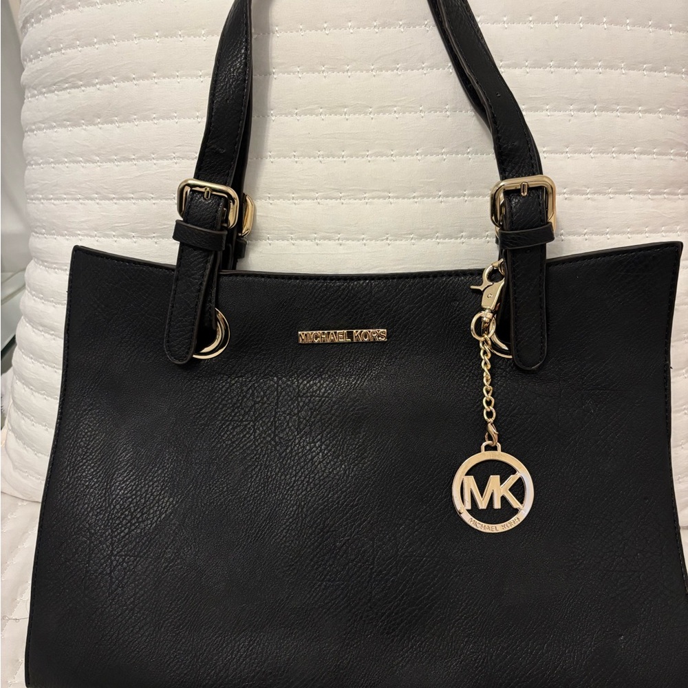 Michael Kors Black Leather Shoulder Bag with Gold Accents